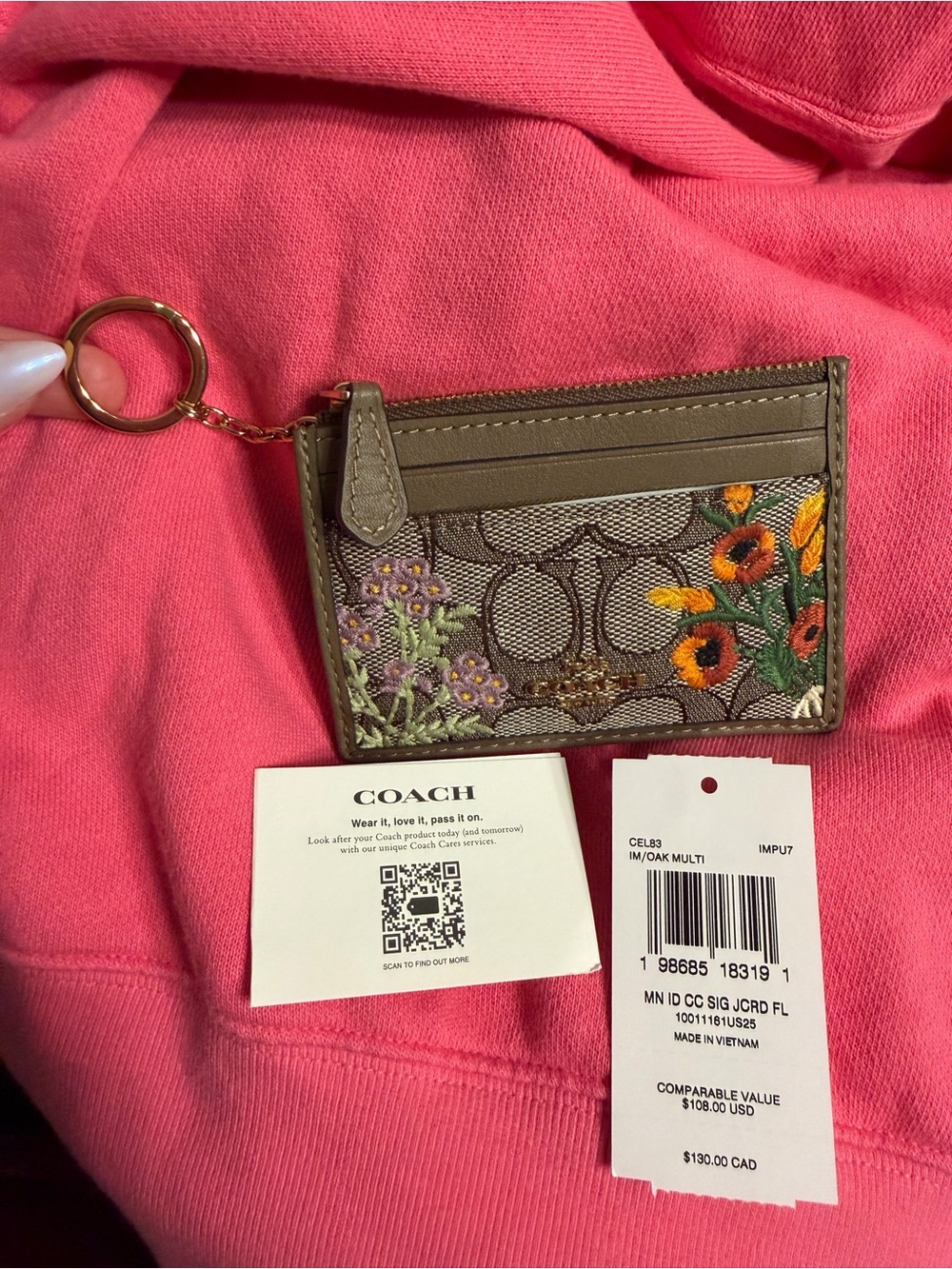 NWT COACH Floral Embroidered Signature Card Case Keychain wallet